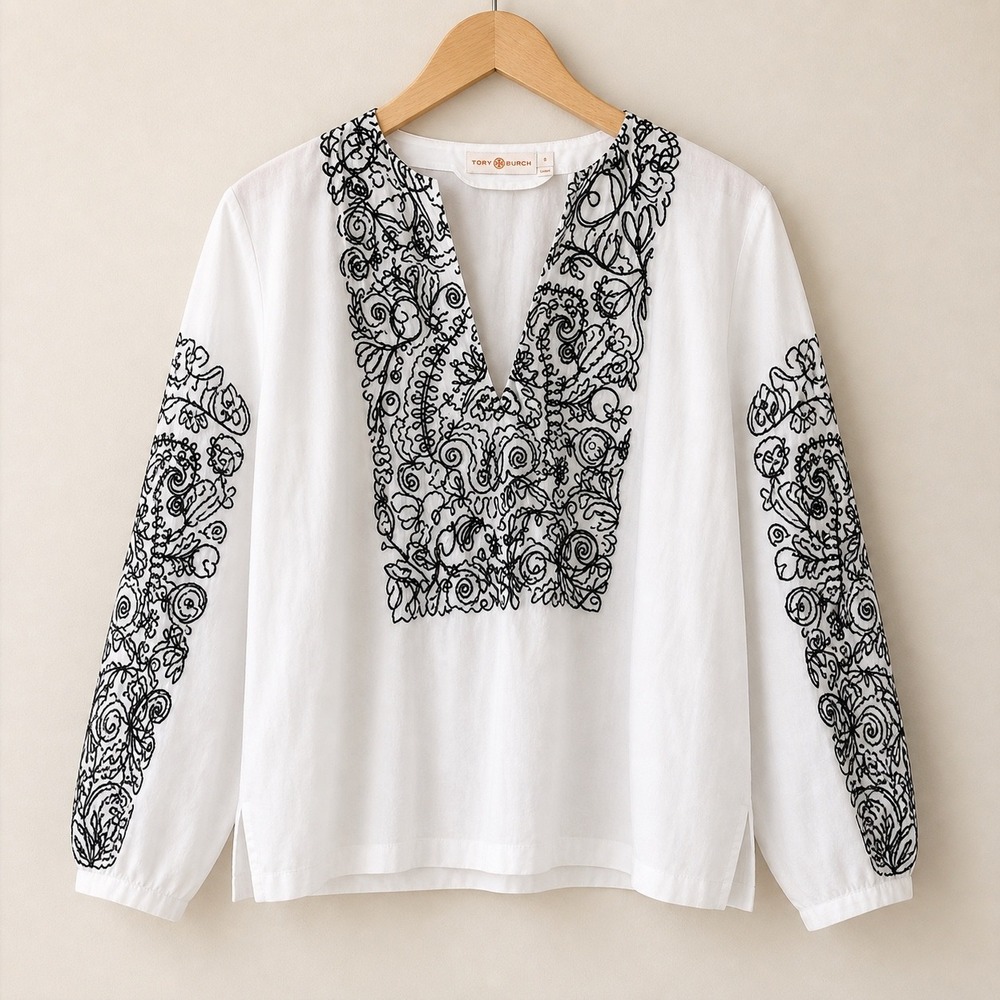 Tory Burch White Black Embroidered V-Neck Tunic Blouse Top Size 6 Boho Cotton